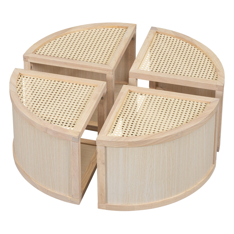 Walker Edison - Round to Square Block Modular Coffee Table Light Natural Rattan with Storage 4 Piece