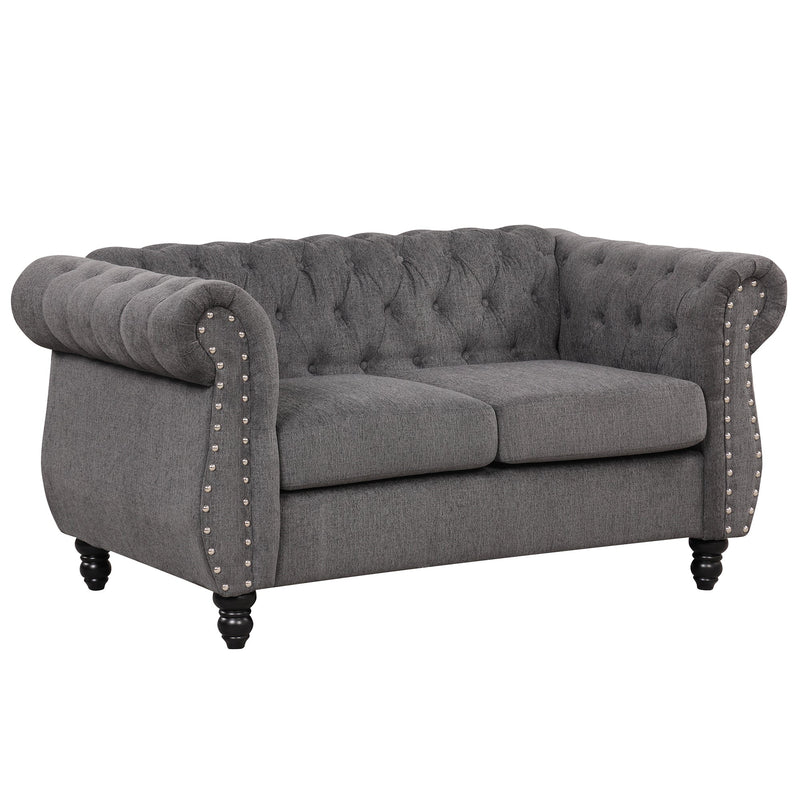 60" modern sofa Dutch plush upholstered sofa, solid wood legs, buttoned tufted backrest, gray
