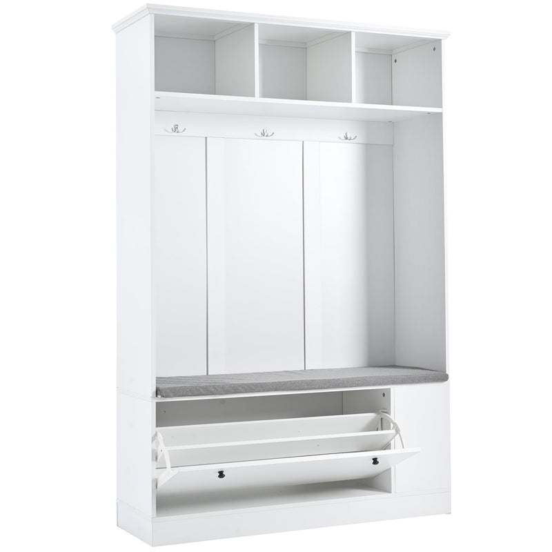 5-in-1 Entryway Bench with Coat Rack, Cushion and 3 Sturdy Hooks, 47.2" Wide Hall Tree with Shoe Storage Bench for Hallway, Entryway, Living Room