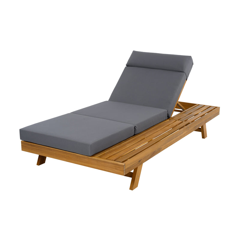 LOUNGE CHAISE SET WITH HEADREST,SPACE AVAILABLE ON ONE SIDE, ACACIA WOOD WITH WATER-RESISTANT LOUNGE CUSHIONS (DARK GREY & 3-FOLD & 4 inch) - MATCHING CREAM/BEIGE VERSION AVAILABLE