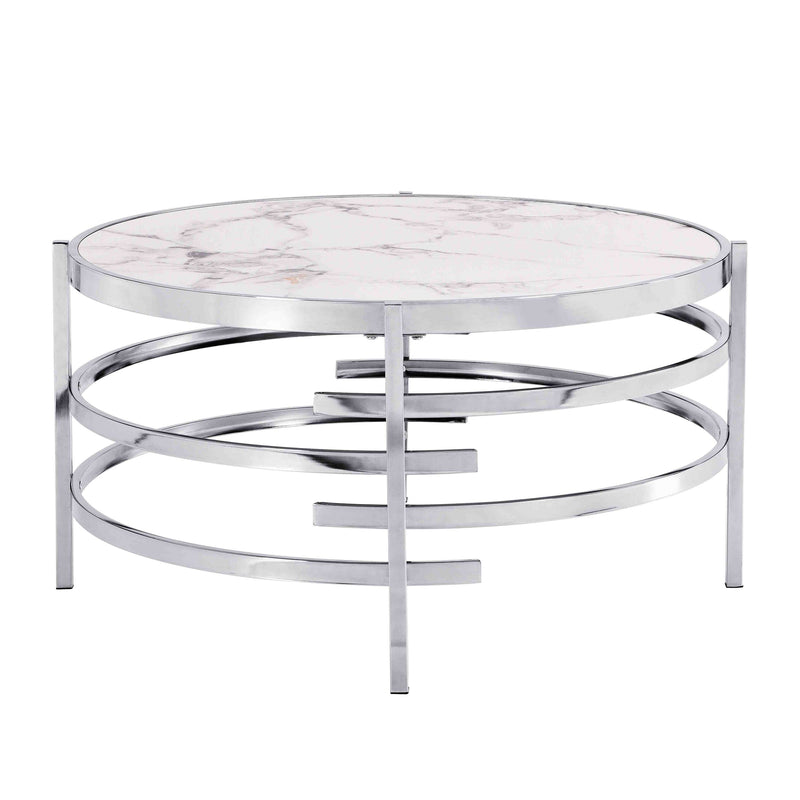 32.48" Chrome Round Coffee Table With Sintered Stone Top&Sturdy Metal Frame, Modern Coffee Table for Living Room, Silver