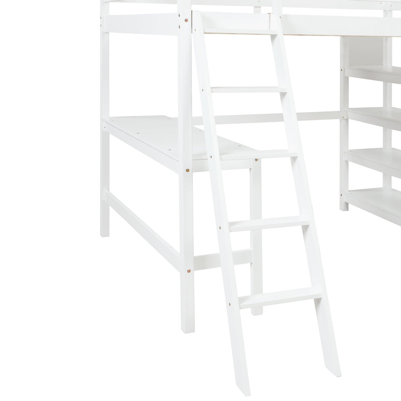 Loft Bed Full with desk,ladder,shelves, White