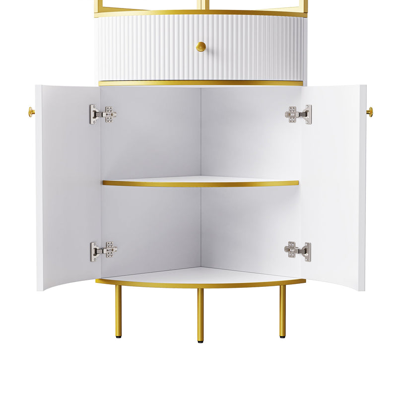 74.8" Tall Modern Corner Bookshelf,Fan-Shaped bookcase with 1 Drawer and 2 Doors, Wooden Standing Corner Shelf with Gold Metal Frame for Living Room,Home Office,White