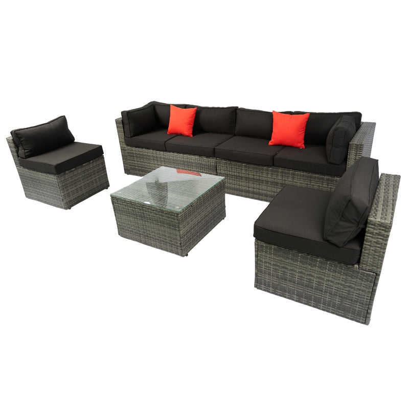 5 Pieces PE Rattan sectional Outdoor Furniture Cushioned U Sofa set with 2 Pillow Grey wicker + Black Cushion