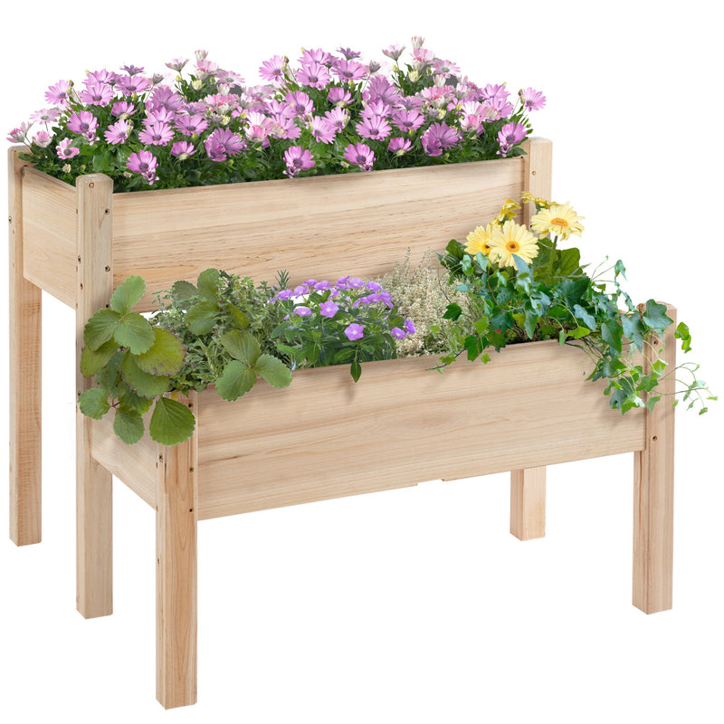 34"x34"x28" Raised Garden Bed, 2-Tier Elevated Wood Planter Box for Backyard, Patio to Grow Vegetables, Herbs, and Flowers, Natural