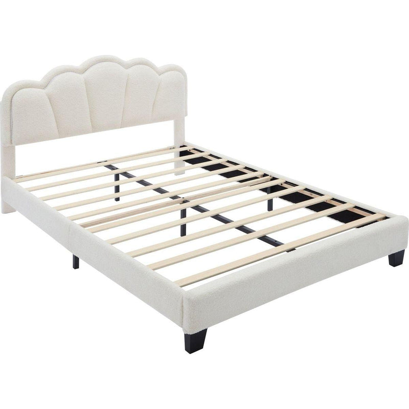 2-Pieces Bedroom Sets Full Size Flower-Shaped Upholstered LED Platform Bed with Storage Ottoman-Sherpa Fabric, White