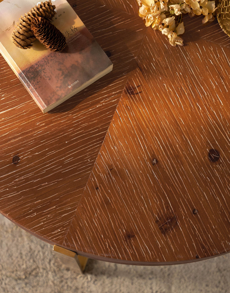 33.86"Modern Retro Splicing Round Coffee Table,Fir Wood Table Top with Gold Cross Legs Base