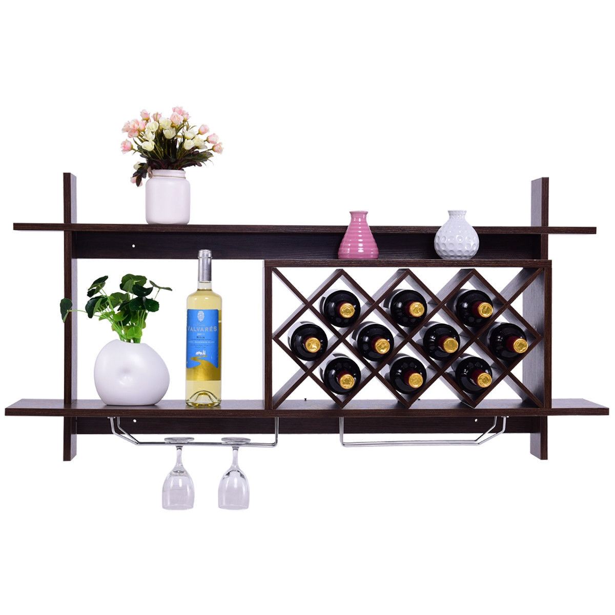Wall Mount Wine Rack with Glass Holder & Storage Shelf-Walnut, photo 4 of 8