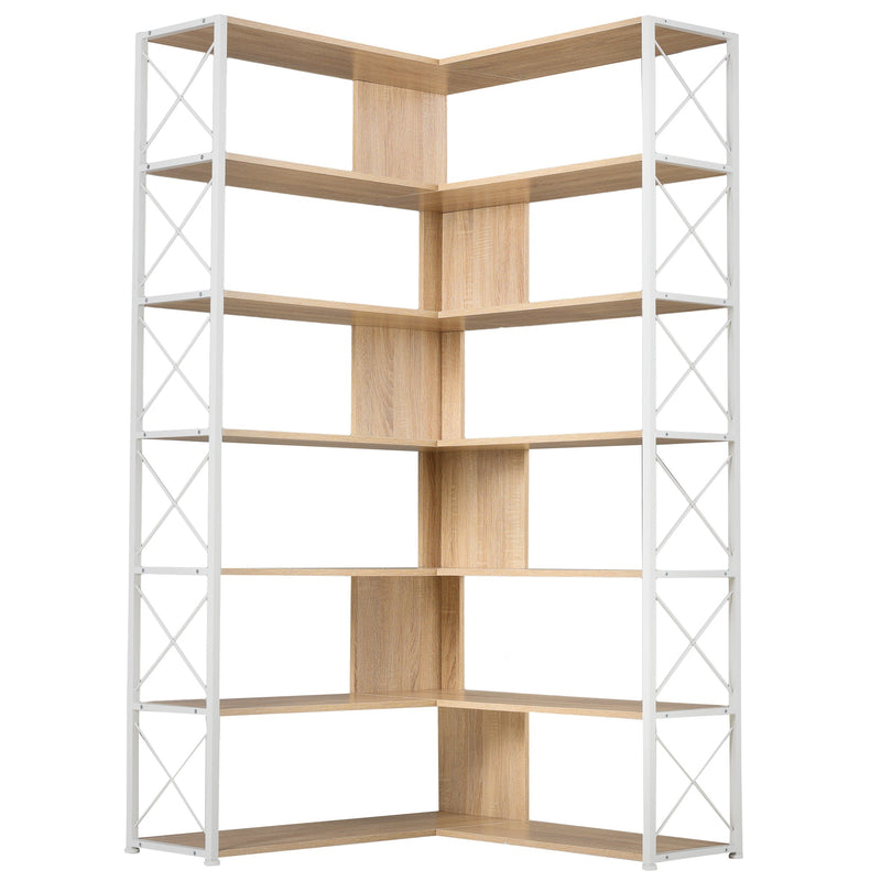 7-Tier Bookcase Home Office Bookshelf, L-Shaped Corner Bookcase with Metal Frame, Industrial Style Shelf with Open Storage, MDF Board