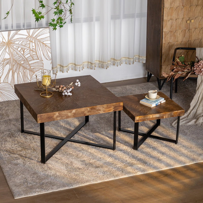 31.3"Modern Retro Splicing Square Coffee Table, Fir Wood Table Top with Cross Legs Metal Base (Set of 2 pcs)
