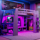 Gaming Loft Bed With Desk, Multi Storage Shelves, LED Lighting, And Hanging Clothes Rack by Unique Piece Furniture
