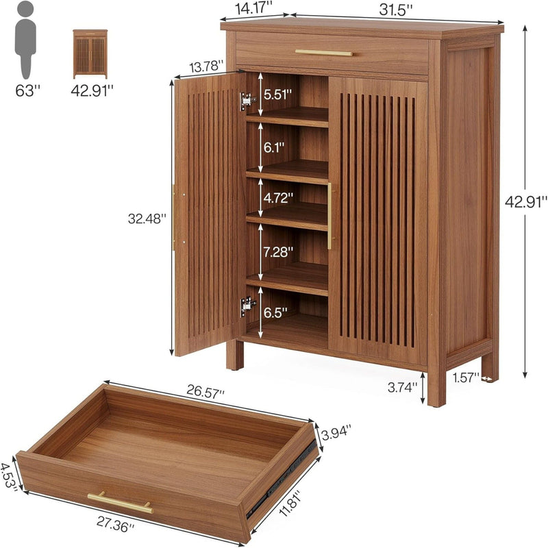 5 Tier Shoe Cabinet With Louvered Doors And Drawer, Freestanding Organizer With Adjustable Shelves For Entryway - Brown, photo 4 of 4