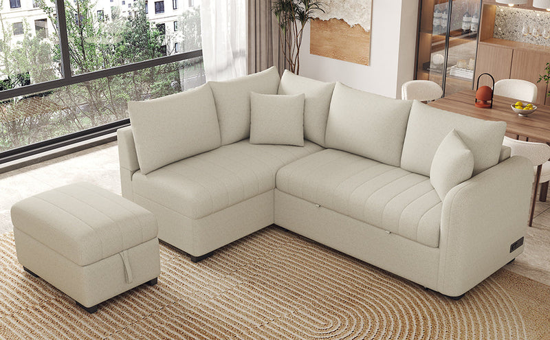 82.6" L-shaped Sectional Pull Out Sofa Bed Sleeper Sofa with Two USB Ports, Two Power Sockets and a Movable Storage Ottoman, Beige