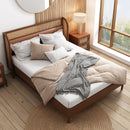 3 Pieces Modern Cannage Rattan Platform Queen Bed + Nightstandx2, Walnut