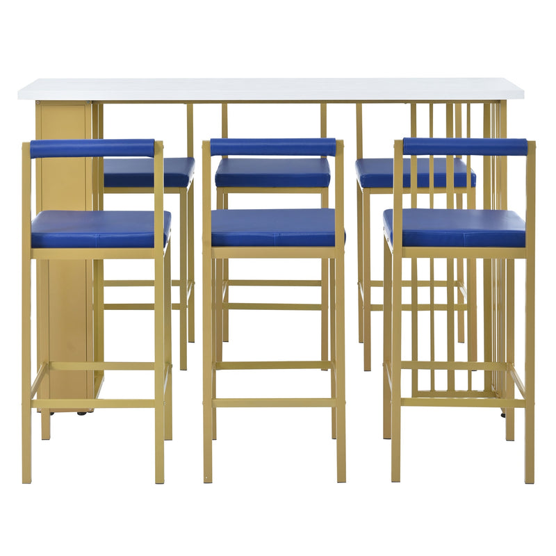 7-Piece Multi-Functional Modern Counter Height Dining Bar Table Set with Open Shelves and 6 Upholstered Stools for Dining Room, Bar and Cafe (White and Blue)