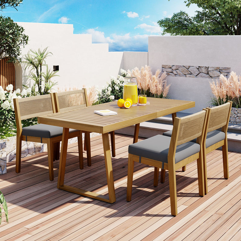 Walker Edison - U_Style Multi-person Outdoor Acacia Wood Dining Table and Chair Set, Thick Cushions, Suitable for Balcony, Vourtyard, and Garden.