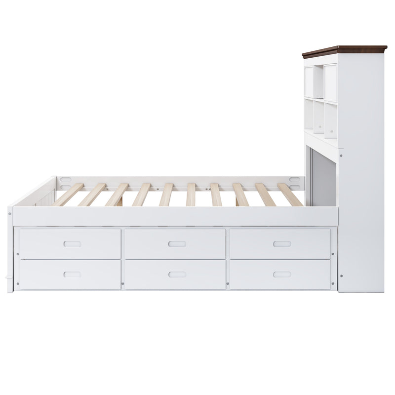2 Pieces Wooden Captain Bedroom Set Twin Bed with Trundle and Nightstand,White+Walnut