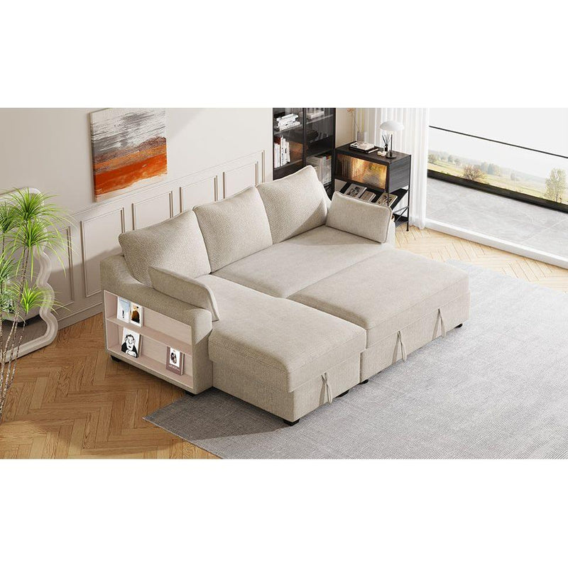 90" Pull Out Sleeper Sofa L-Shaped Couch Convertible Sofa Bed with Storage Chaise, Storage Racks and USB Ports (SG001340AA), Beige