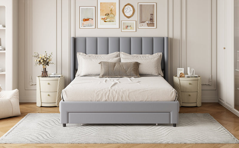 Walker Edison - Full Size Storage Bed Velvet Upholstered Platform Bed with a Big Drawer - Gray