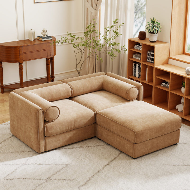 Modern Stylish Camel Chenille 2-Seater Sofa with Ottoman Storage and Cylindrical Backrest