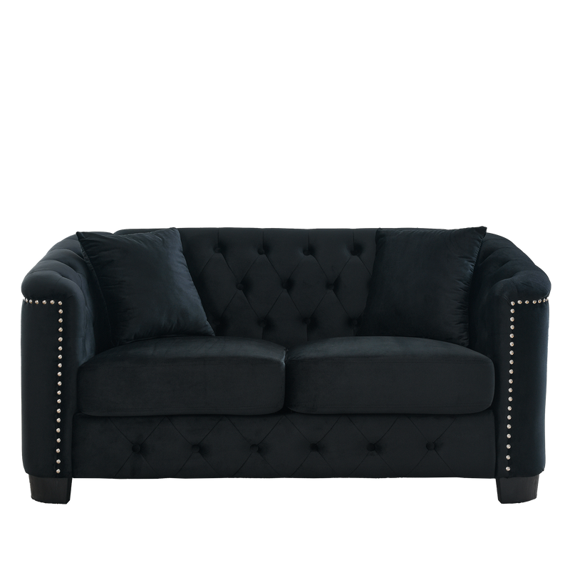 59-Inch Modern Chesterfield Velvet Sofa, 2-Seater Sofa, Upholstered Tufted Backrests with Nailhead Arms and 2 Cushions for Living Room, Bedroom, Apartment, Office (Black)