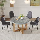 A modern and practical circular dining table. Made of MDF tabletop and wooden MDF table legs. A set of 4 cushioned chairs.