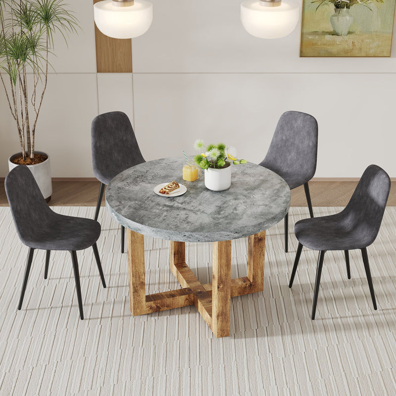 A modern and practical circular dining table. Made of MDF tabletop and wooden MDF table legs. A set of 4 cushioned chairs.