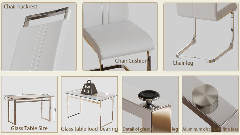 51 inch Glass Dining Table Set for 4, Dining Table & Chair Sets with Silver Plating Legs for Kitchen, Modern Rectangle Tempered Glass Table Top and PU Dining armless Chair for Dining Room