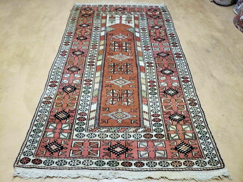 4' X 7' Antique Handmade Turkish Melas Oushak Wool Rug