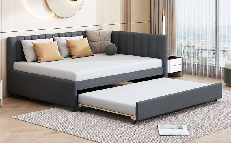 Full Size Upholstered Daybed with Trundle Sofa Bed Frame No Box Spring Needed, Linen Fabric(Gray)