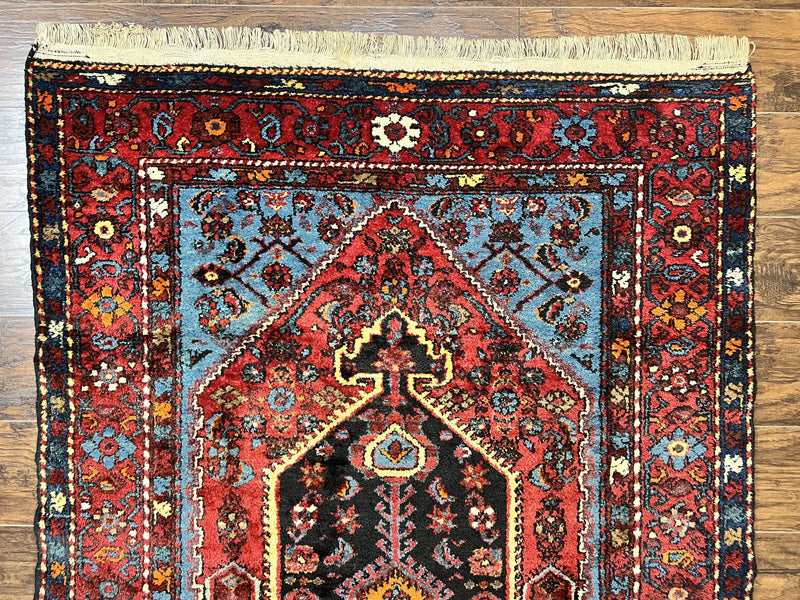 Antique Persian Tribal Rug 4x7, Wool Handmade 1920s Carpet, Red Blue, Persian Hamadan Rug