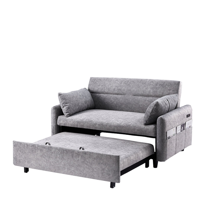 55.1" Pull Out Sleep Sofa Bed Loveseats Sofa Couch with Adjustable Backrest, Storage Pockets, 2 Soft Pillows, USB Ports for Living Room, Bedroom, Apartment, Office,Grey