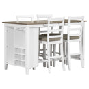 5-Piece Multi-Functional Rubber Wood Counter Height Dining Set with Padded Chairs and Integrated 9 Bar Wine Compartment, Wineglass Holders for Dining Room (Brown + White Wash)