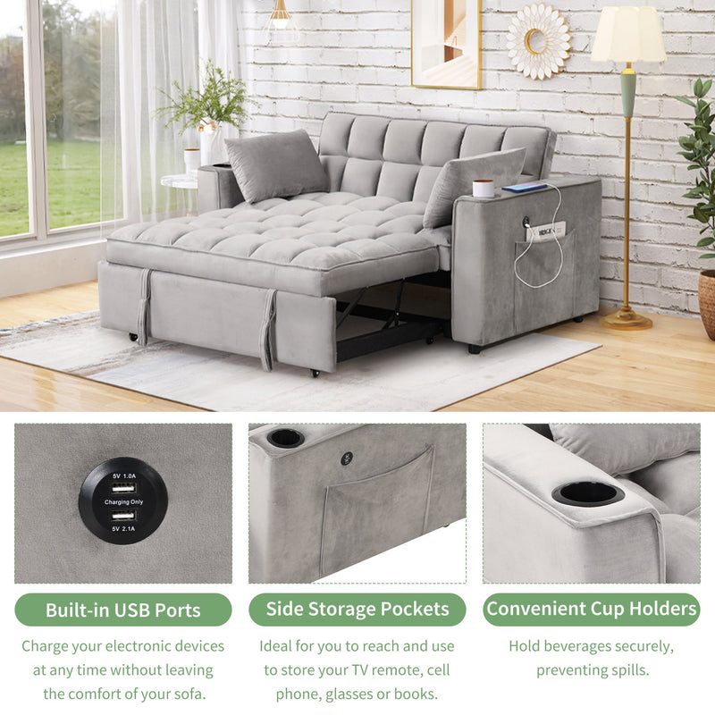 55.3" 4-1 Multi-functional Sofa Bed with Cup Holder and USB Port for Living Room or Apartments, Gray