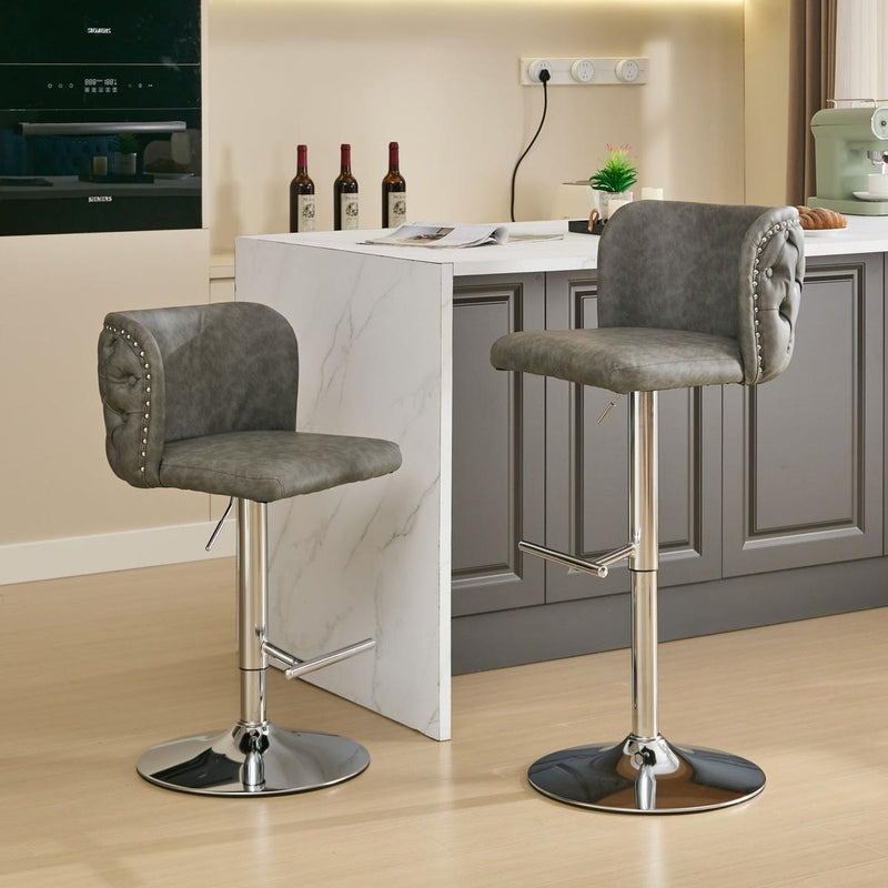 Swivel Barstools Adjusatble Seat Height With Chrome Base, Modern PU Upholstered Bar Stools with the whole Back Tufted, for Home Pub and Kitchen Island,Gray, Set of 2