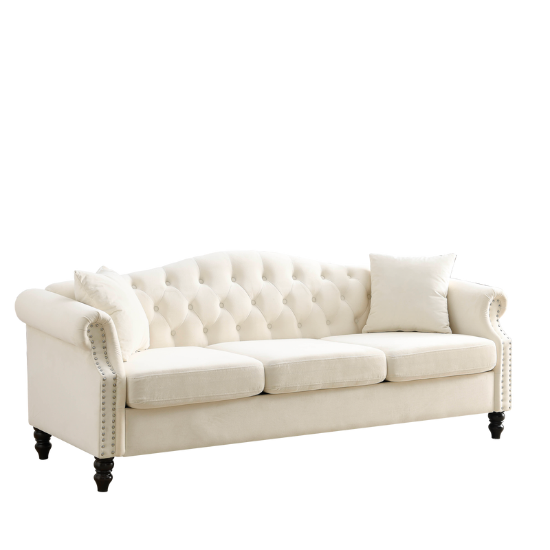 79" Chesterfield Sofa Beige Velvet for Living Room, 3 Seater Sofa Tufted Couch with Rolled Arms and Nailhead for Living Room, Bedroom, Office, Apartment, two pillows