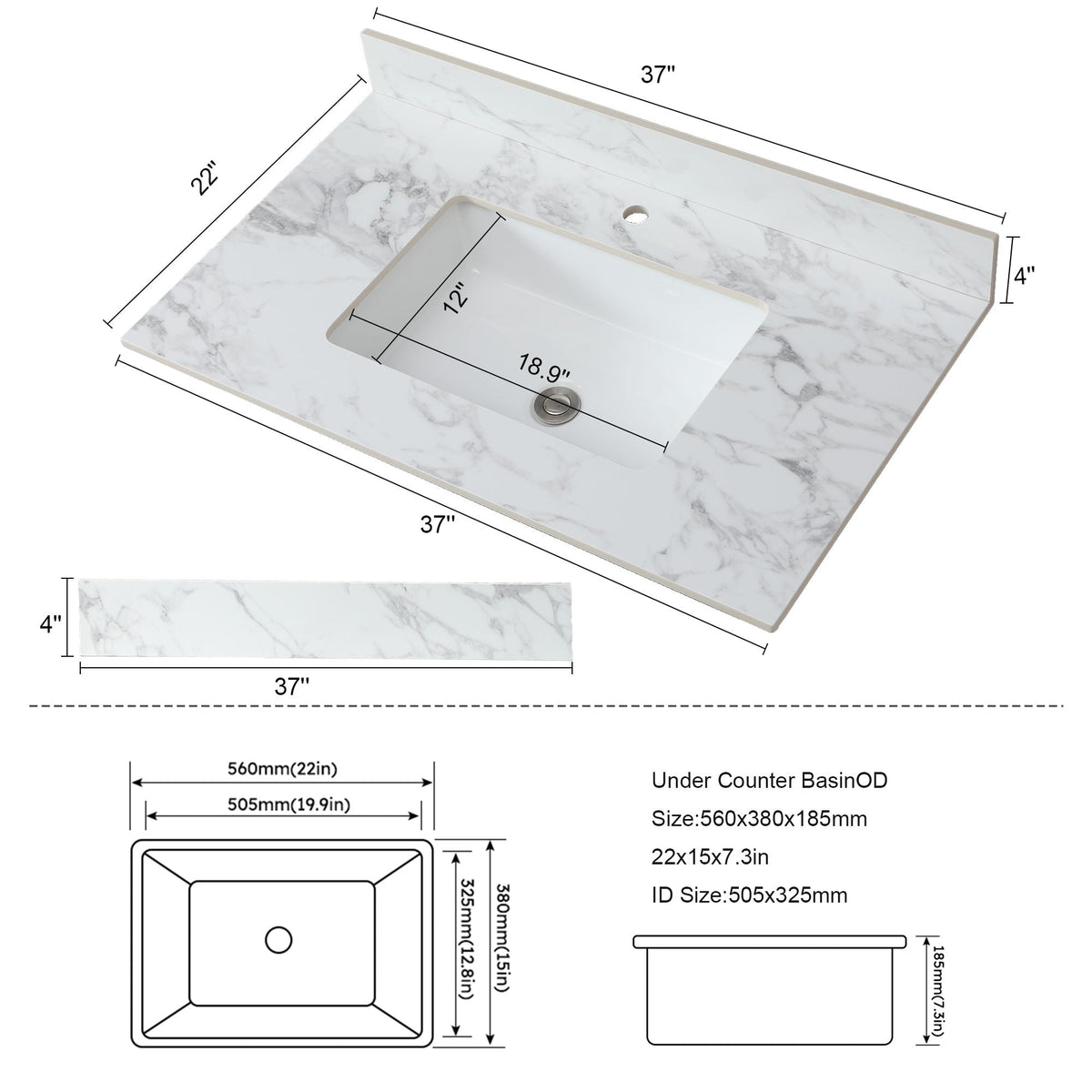 Elegant Bathroom Vanity Top With Rectangular Ceramic Sink And Backsplash, photo 17 of 19