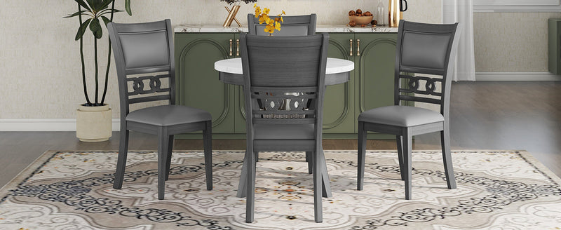 5-piece Dining Round Table Set with One Faux Marble Top Dining Table and Four PU-leather Chairs,Grey