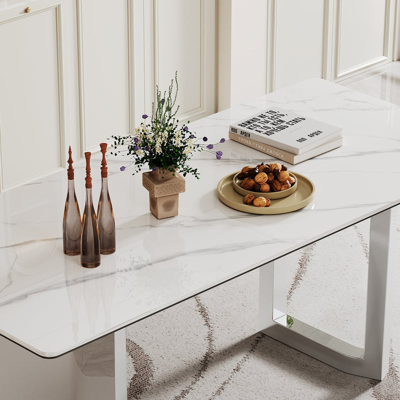 0.47" Thick Sintered Stone Composite Tempered Glass Top Rectangular Dining Table with Stainless Steel Base