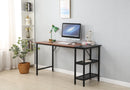 55-inch oversized computer desk, small study desk with wooden storage shelf, 2-layer industrial modern laptop desk with splicing board, (black and Rustic Brown)