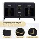 6-drawer and 2-Cabinet Retro Sideboard with Extra Large Storage Space, with Gold Handles and Solid Wood Legs, for Kitchen and Living Room (Black)