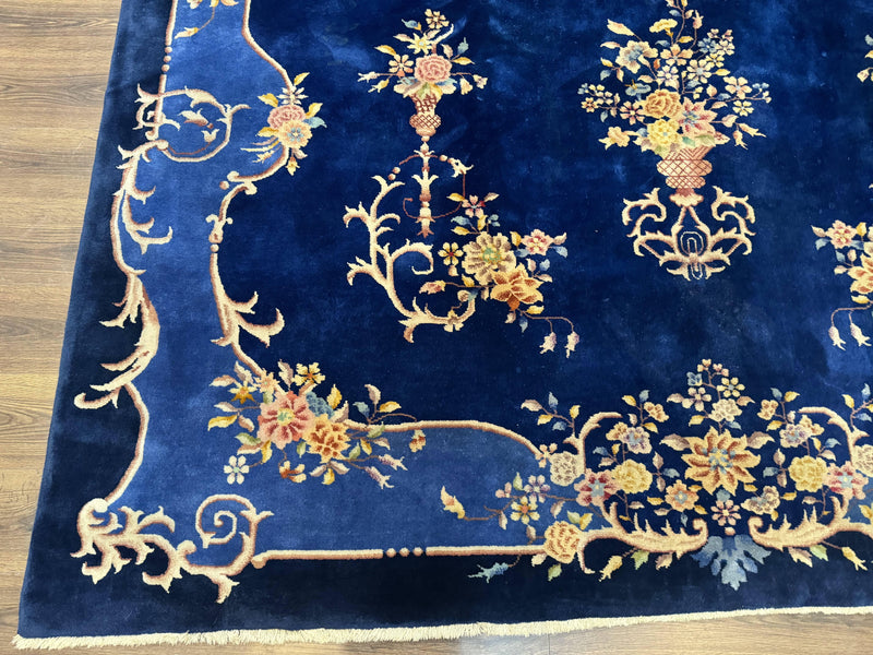 Blue Chinese Art Deco Rug 9x12, Vintage Antique Chinese Wool Rug, Chinese Fette Rug