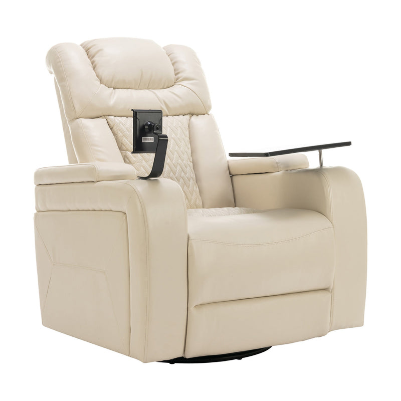 270 Degree Swivel PU Leather Power Recliner Individual Seat Home Theater Recliner with Comforable Backrest, Tray Table, Phone Holder, Cup Holder, USB Port, Hidden Arm Storage for Living Room, White