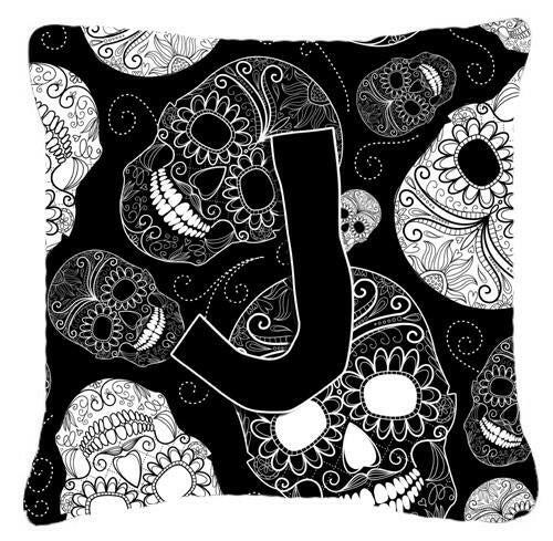 Letter J Day of the Dead Skulls Black Canvas Fabric Decorative Pillow CJ2008-JPW1414