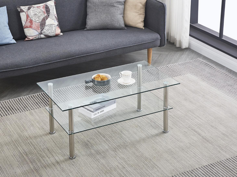 2-Layer Space Coffee Table, Modern Sofa table with Storage Shelve for Living Room Silver