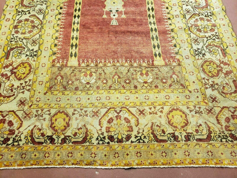 4' 5" X 7' Antique HandmadeTurkish Prayer Melas Oushak Wool Rug Mehrab Nice