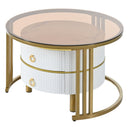 27.5" & 19.6" Stackable Coffee Table with 2 Drawers, Nesting Tables with Brown Tempered Glass and High Gloss Marble Tabletop, Set of 2, Round Center Table for Living Room, White