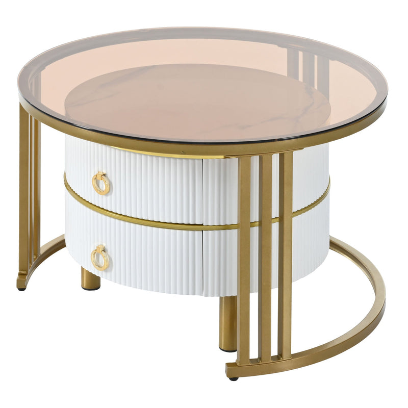 27.5" & 19.6" Stackable Coffee Table with 2 Drawers, Nesting Tables with Brown Tempered Glass and High Gloss Marble Tabletop, Set of 2, Round Center Table for Living Room, White