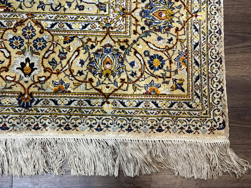 Rare Silk Persian Kashan Rug 4.6 x 7, Antique Fine 310 KPSI, Ivory