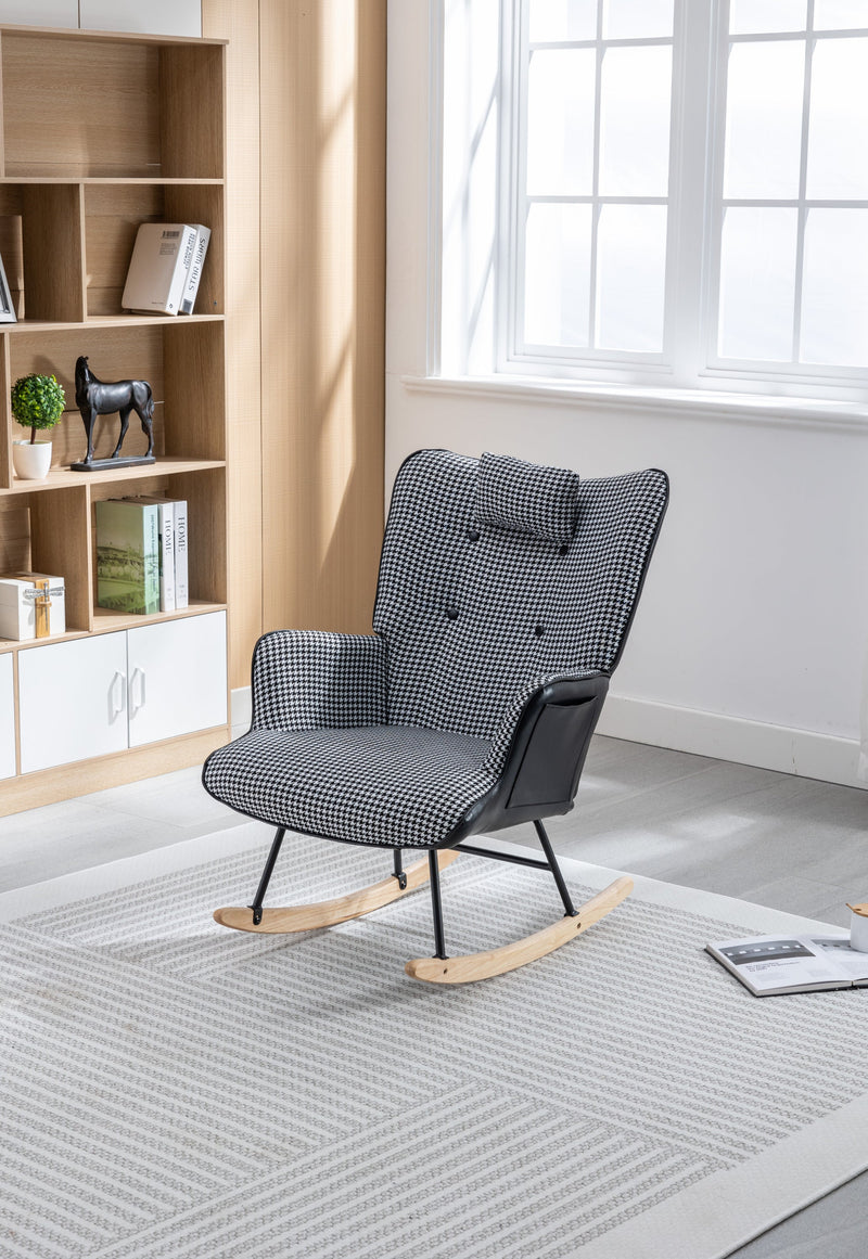 35.5 inch Rocking Chair with Footrest, Soft Houndstooth Fabric Leather Fabric Rocking Chair for Nursery, Comfy Wingback Glider Rocker with Safe Solid Wood Base for Living Room Bedroom Balcony (black)
